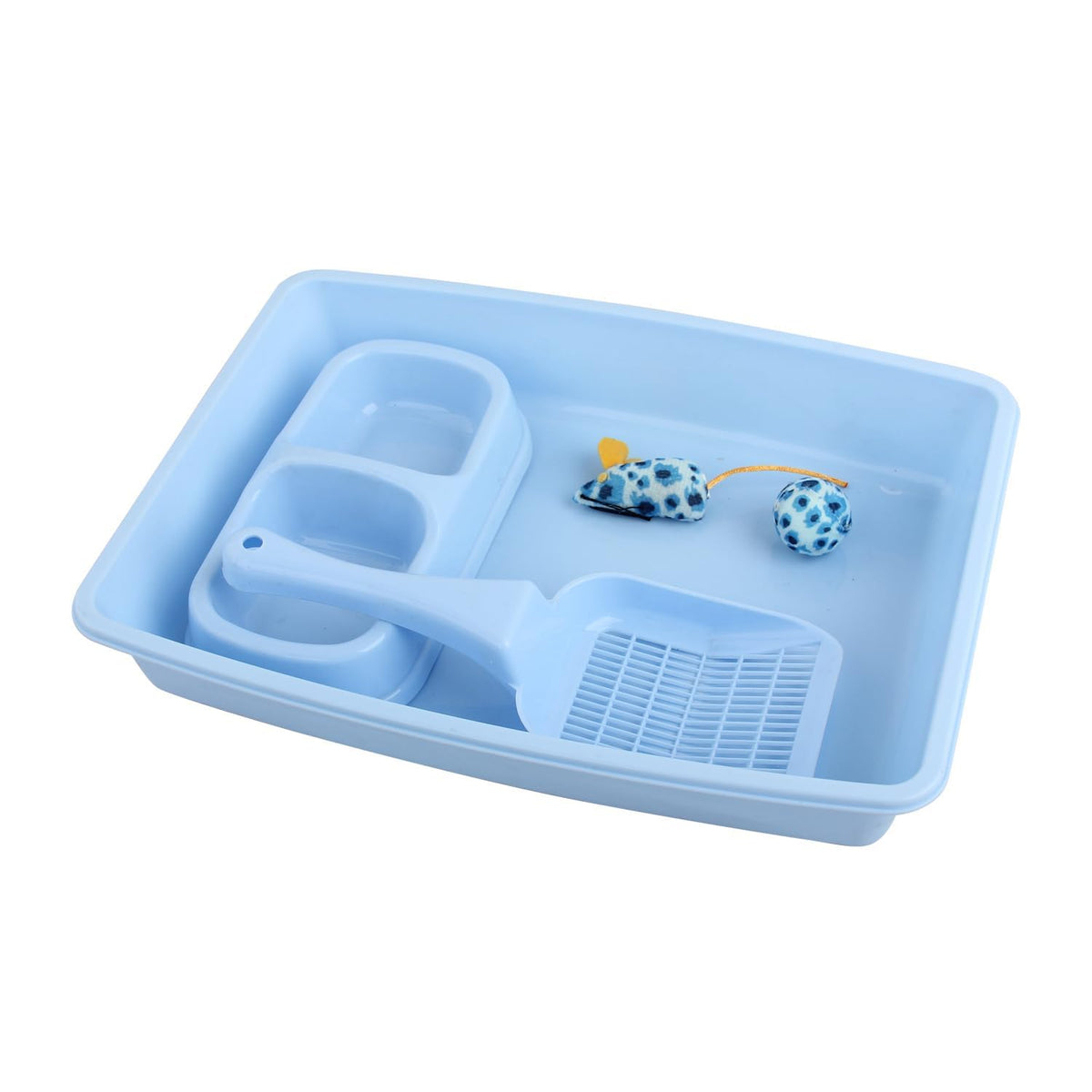 Cat Litter Box Set with Litter Scoop, Double Dish Cat Bowl, Mouse and Ball Toy L285