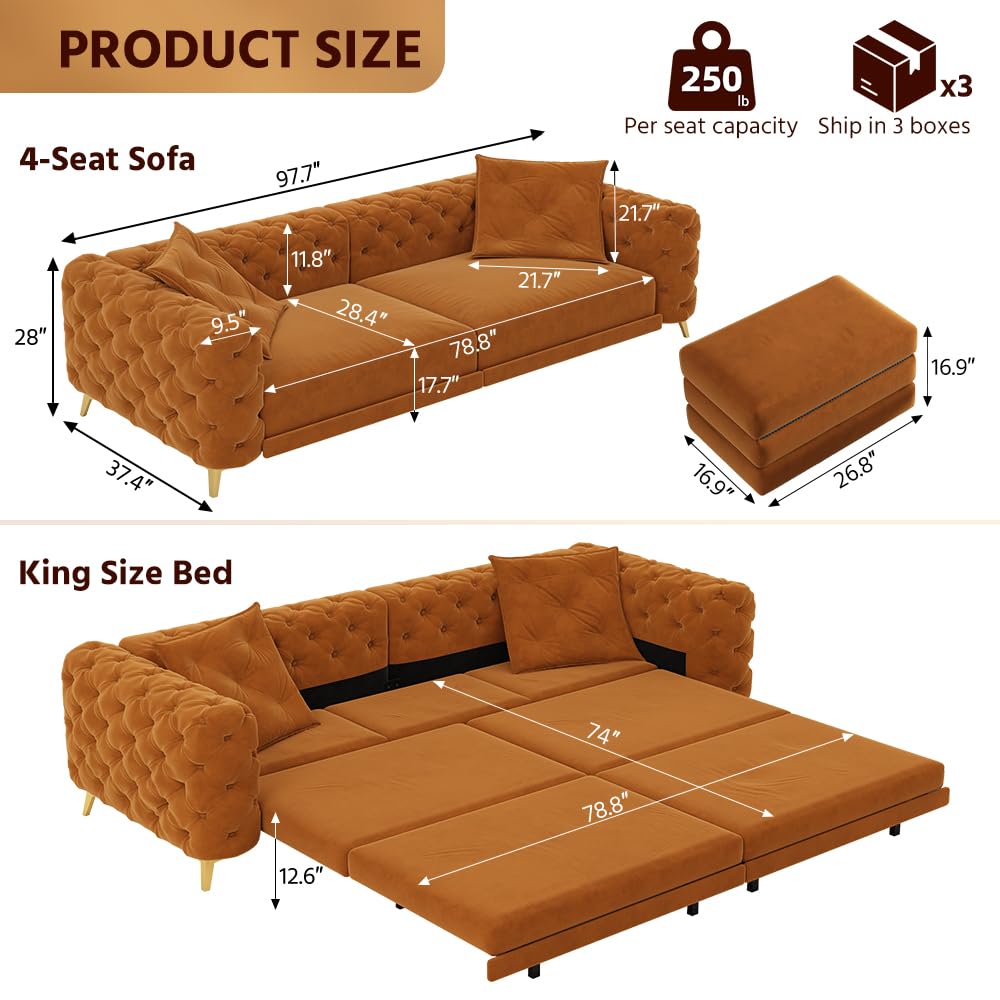 Orange Velvet 3 in 1 Convertible Sleeper Sofa J5754