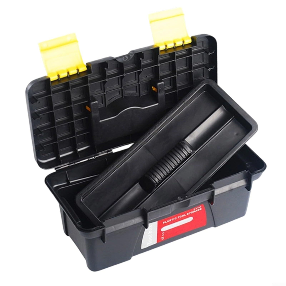 10 Inch Plastic Toolbox with Dual Layer Organization and Secure Latch, Black L567178