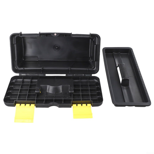 10 Inch Plastic Toolbox with Dual Layer Organization and Secure Latch, Black L567178