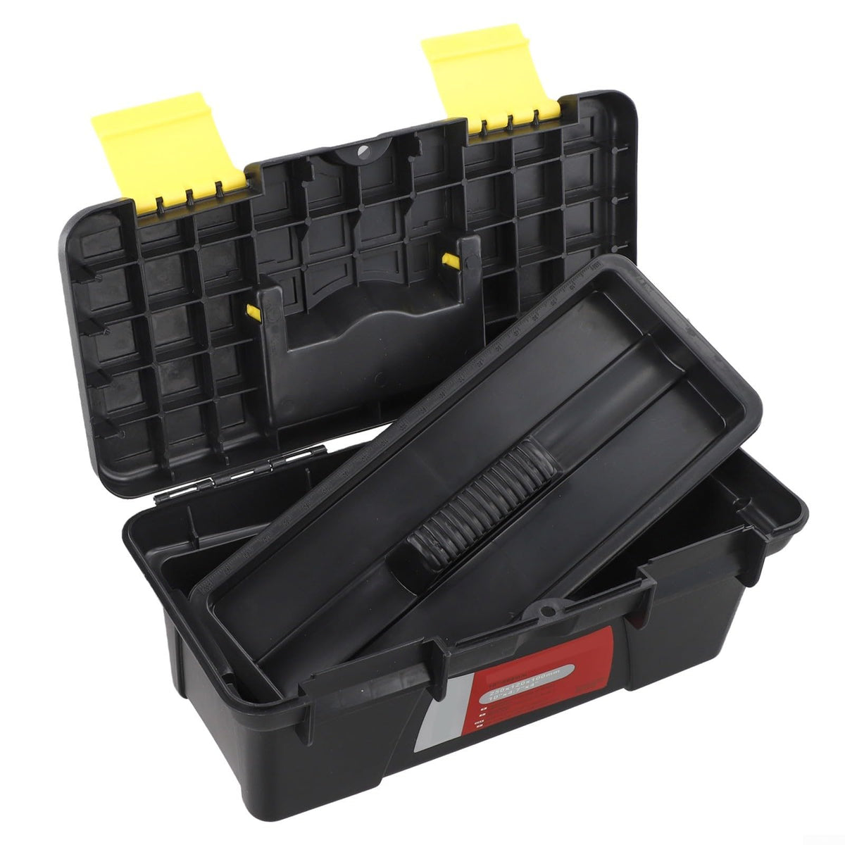 10 Inch Plastic Toolbox with Dual Layer Organization and Secure Latch, Black L567178