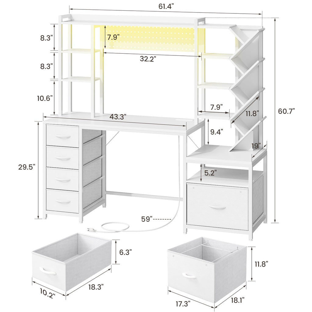 61.4" Computer Desk with Bookshelf, 5 Drawers, Hutch, Outlet, LED B1579