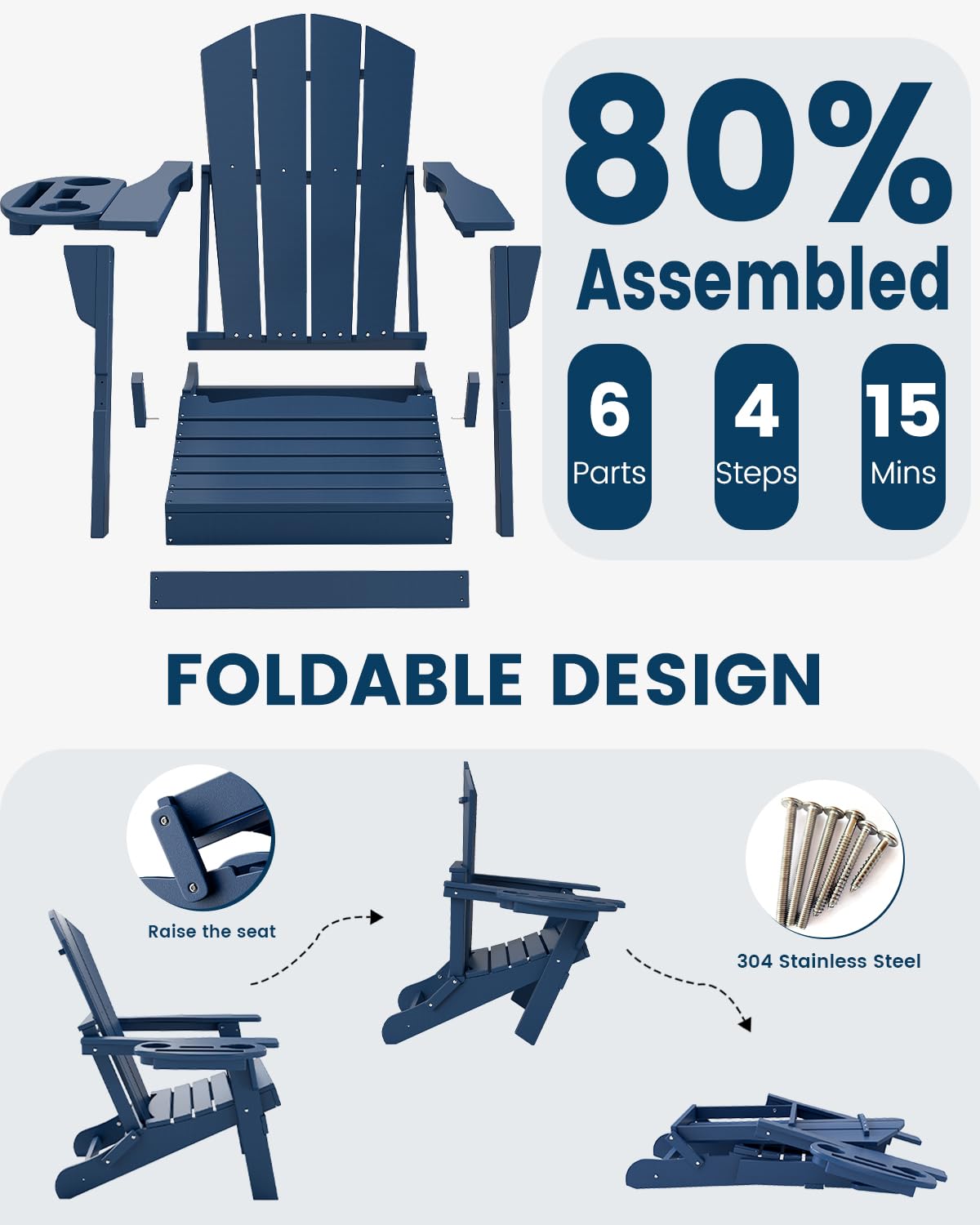 Folding Adirondack Chair Set of 8 with Cup Holder W7096