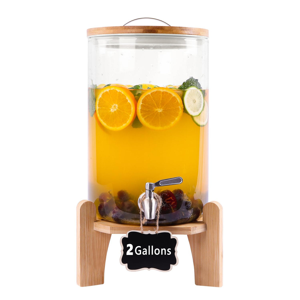 2 Gallon Glass Beverage Dispenser with Wood Stand and Stainless Steel Spigot V3523