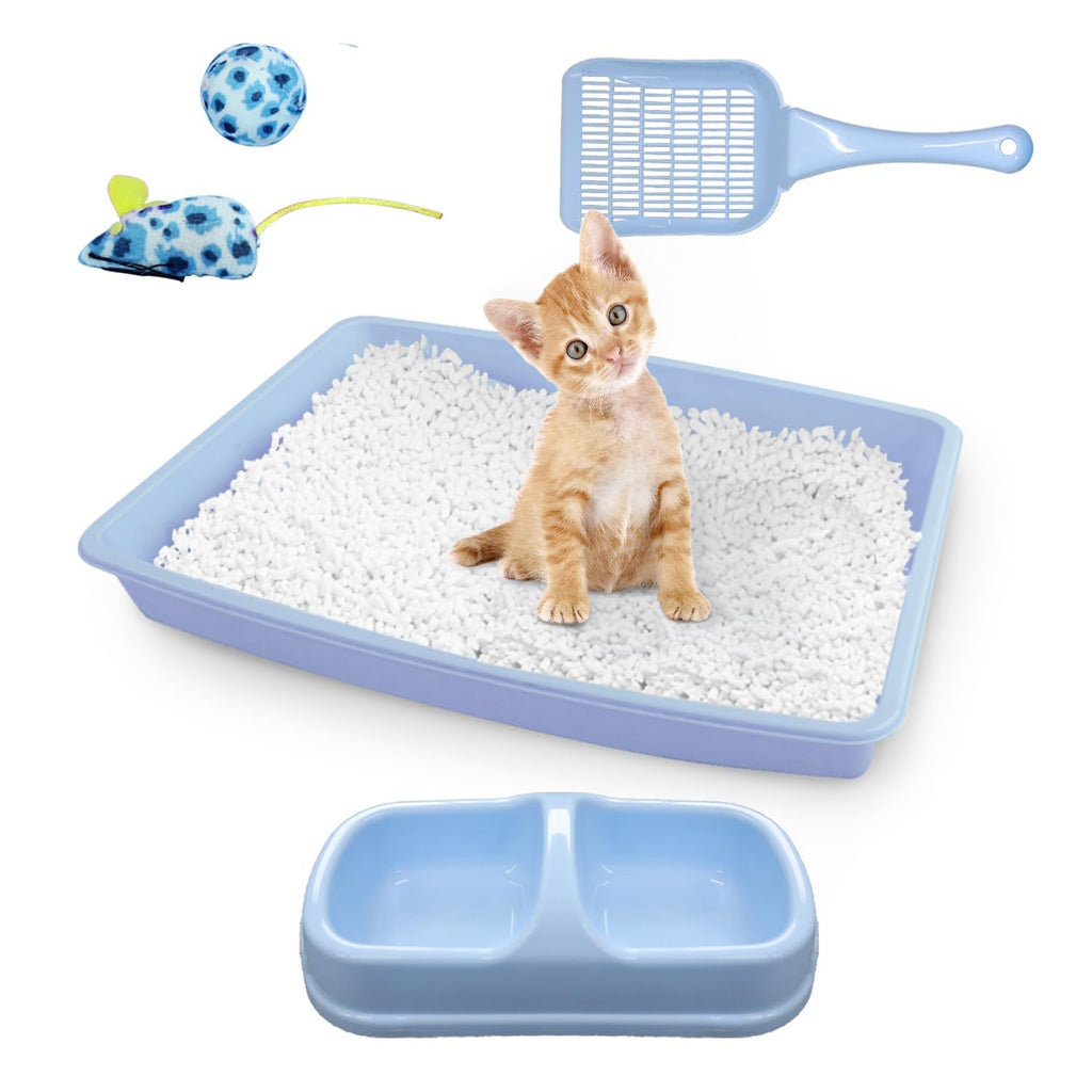 Cat Litter Box Set with Litter Scoop, Double Dish Cat Bowl, Mouse and Ball Toy L285