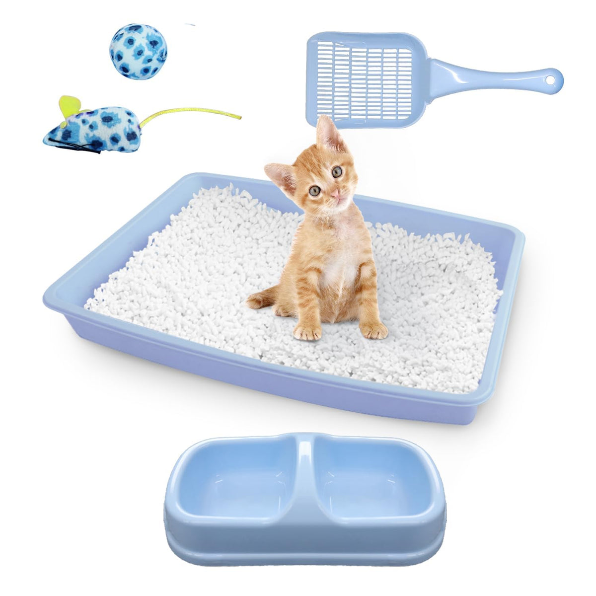 Cat Litter Box Set with Litter Scoop, Double Dish Cat Bowl, Mouse and Ball Toy L285