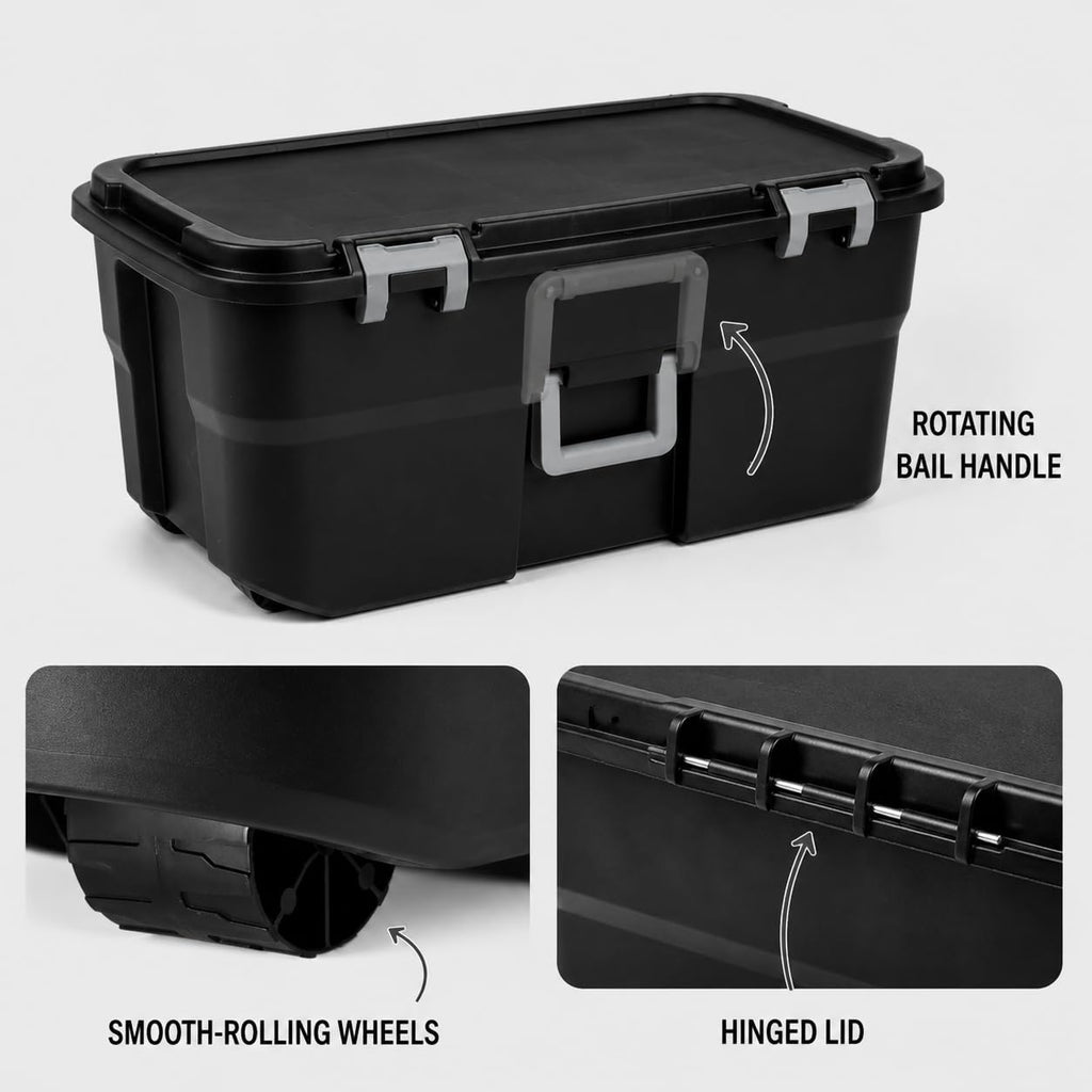 Rolling Storage Trunk with Wheels and Handle, 22 Gallon Black Bin T135