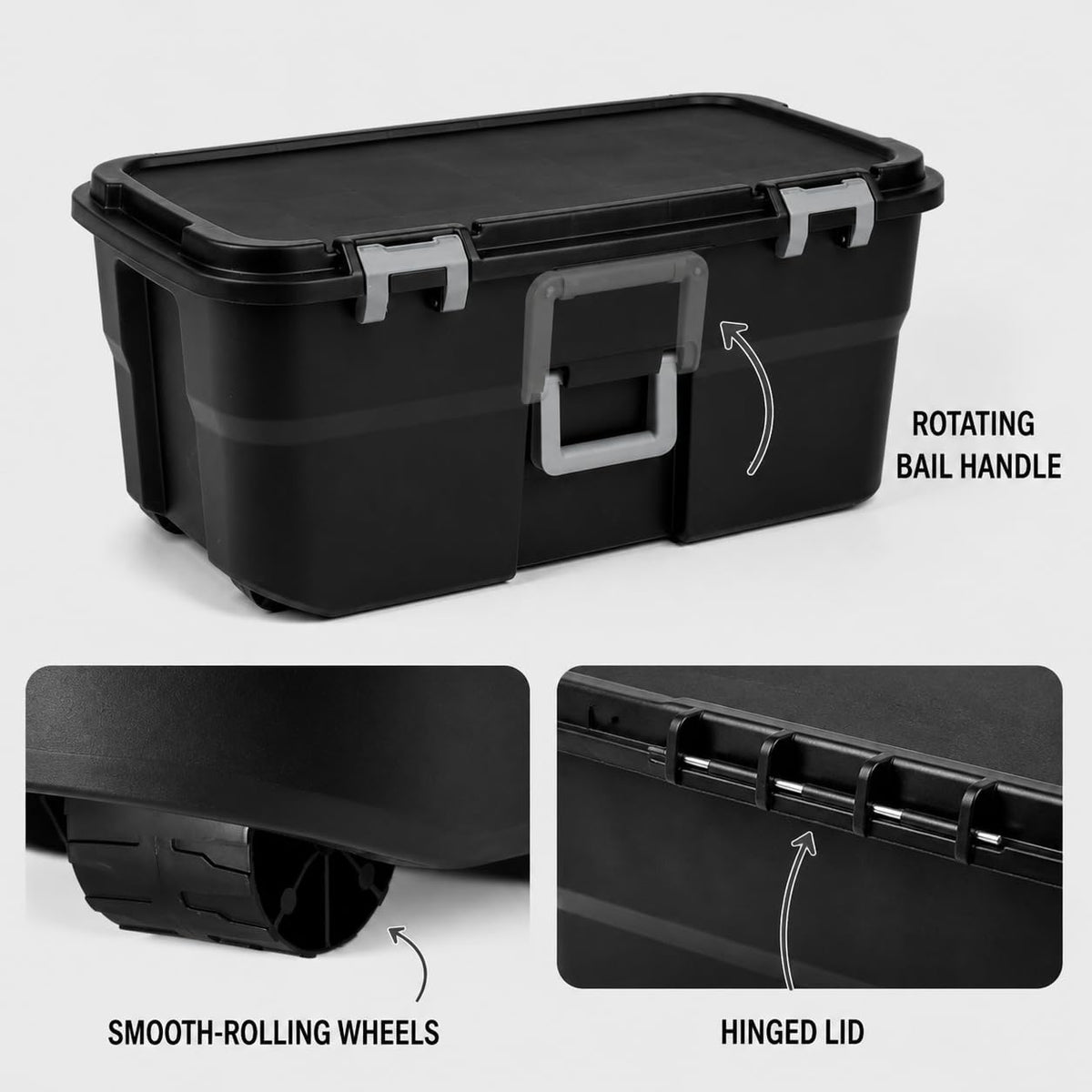 Rolling Storage Trunk with Wheels and Handle, 22 Gallon Black Bin T135