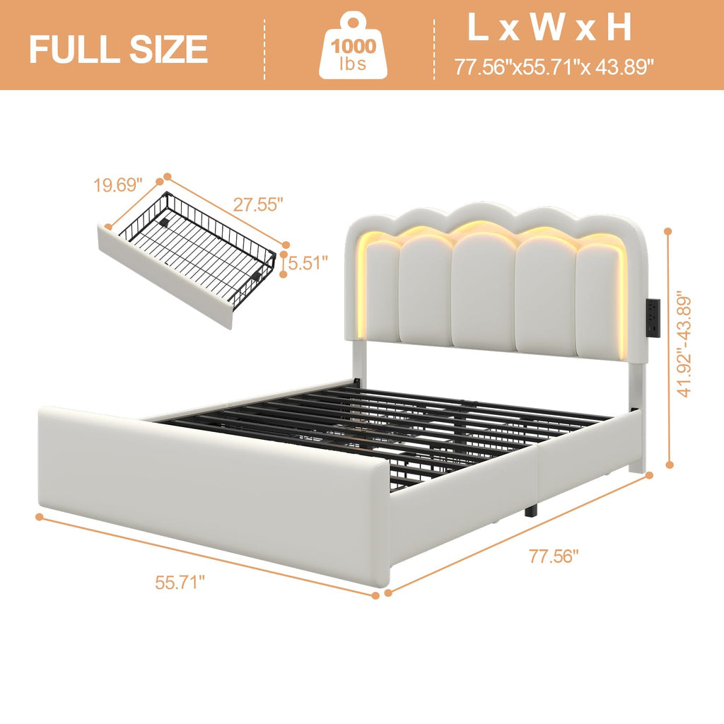 White Full Bed Frame with 4 Storage Drawers L827