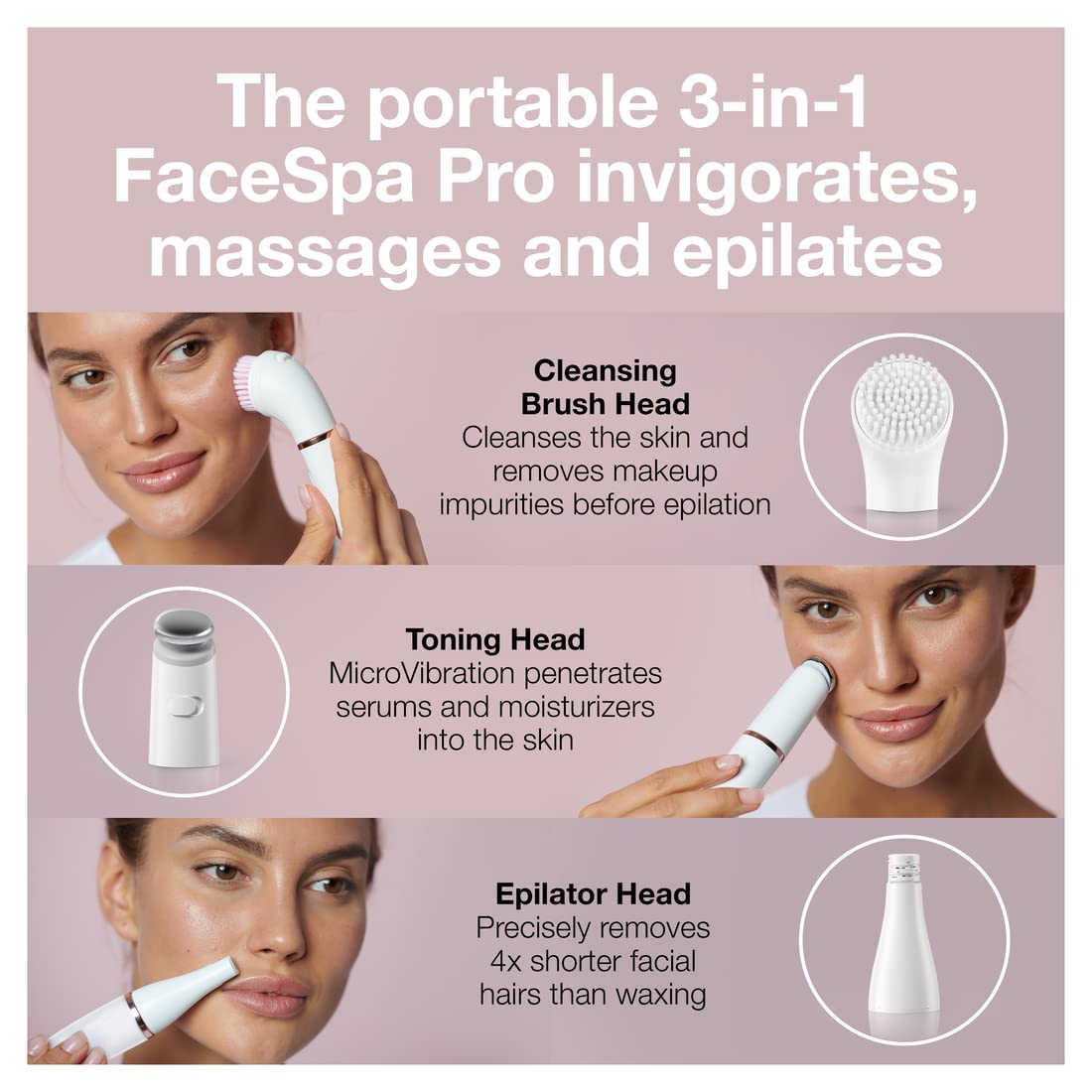 Facial Hair Removal Device 3-in-1 Epilating Cleansing Brush and Skin Toning X75637
