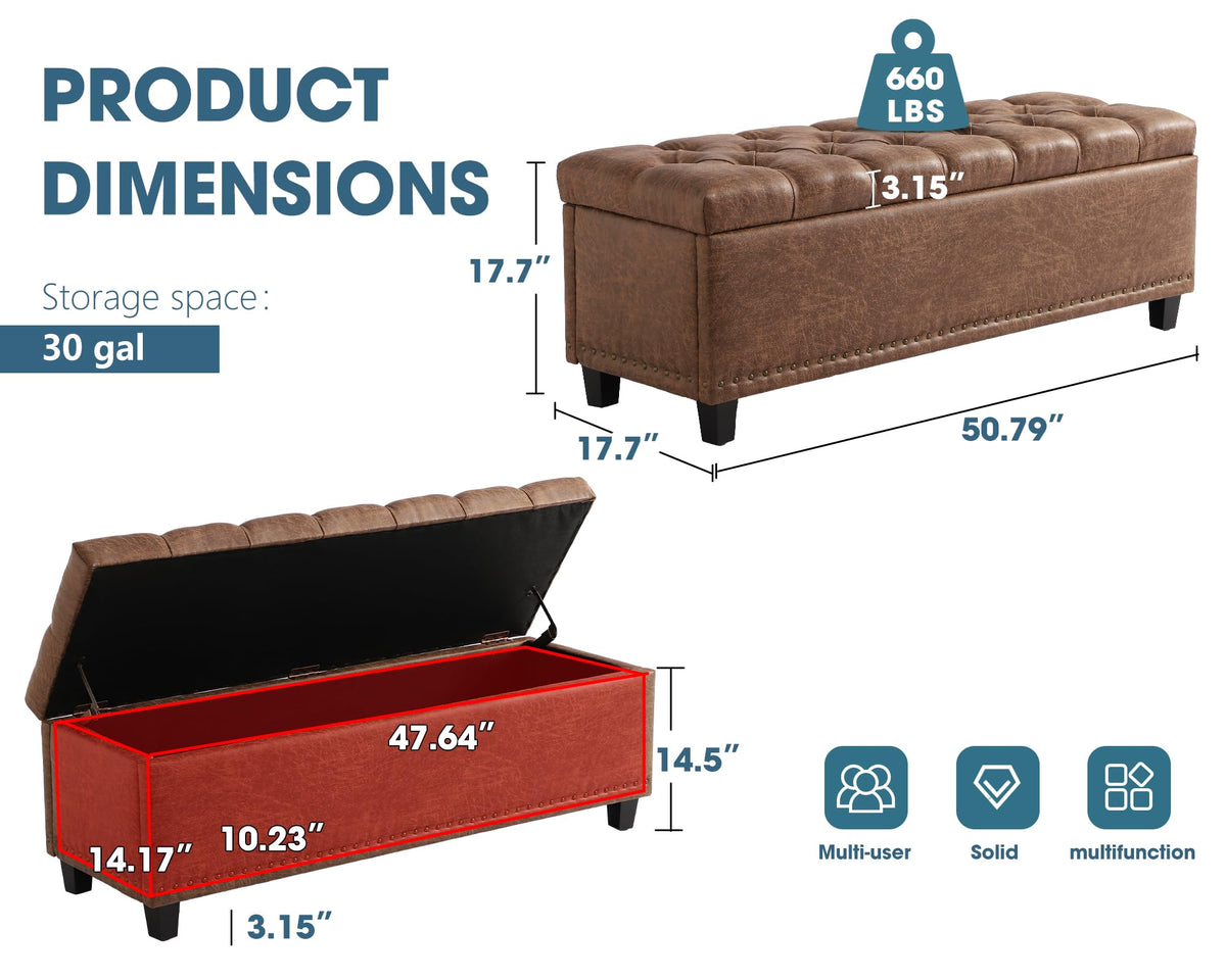 51" Brown Button-Tufted Storage Bench V933068