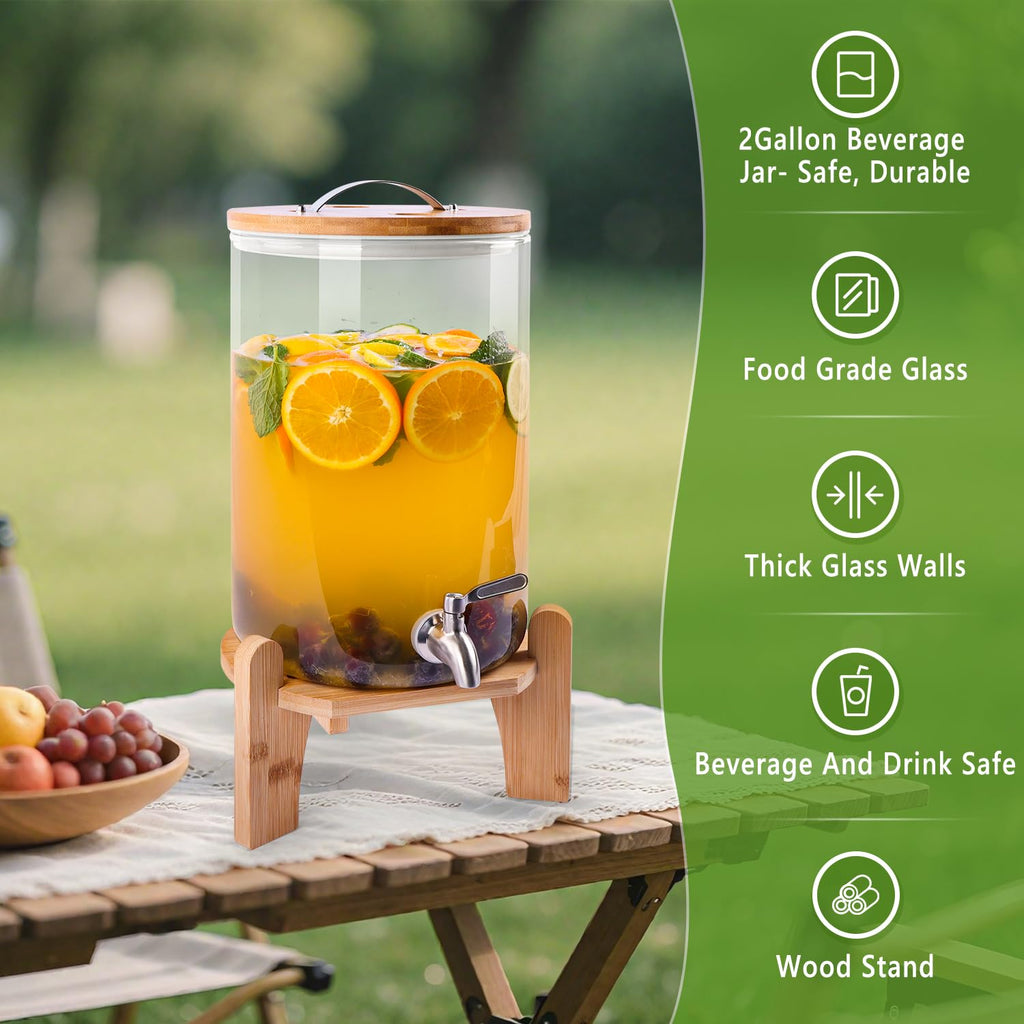 2 Gallon Glass Beverage Dispenser with Wood Stand and Stainless Steel Spigot V3523