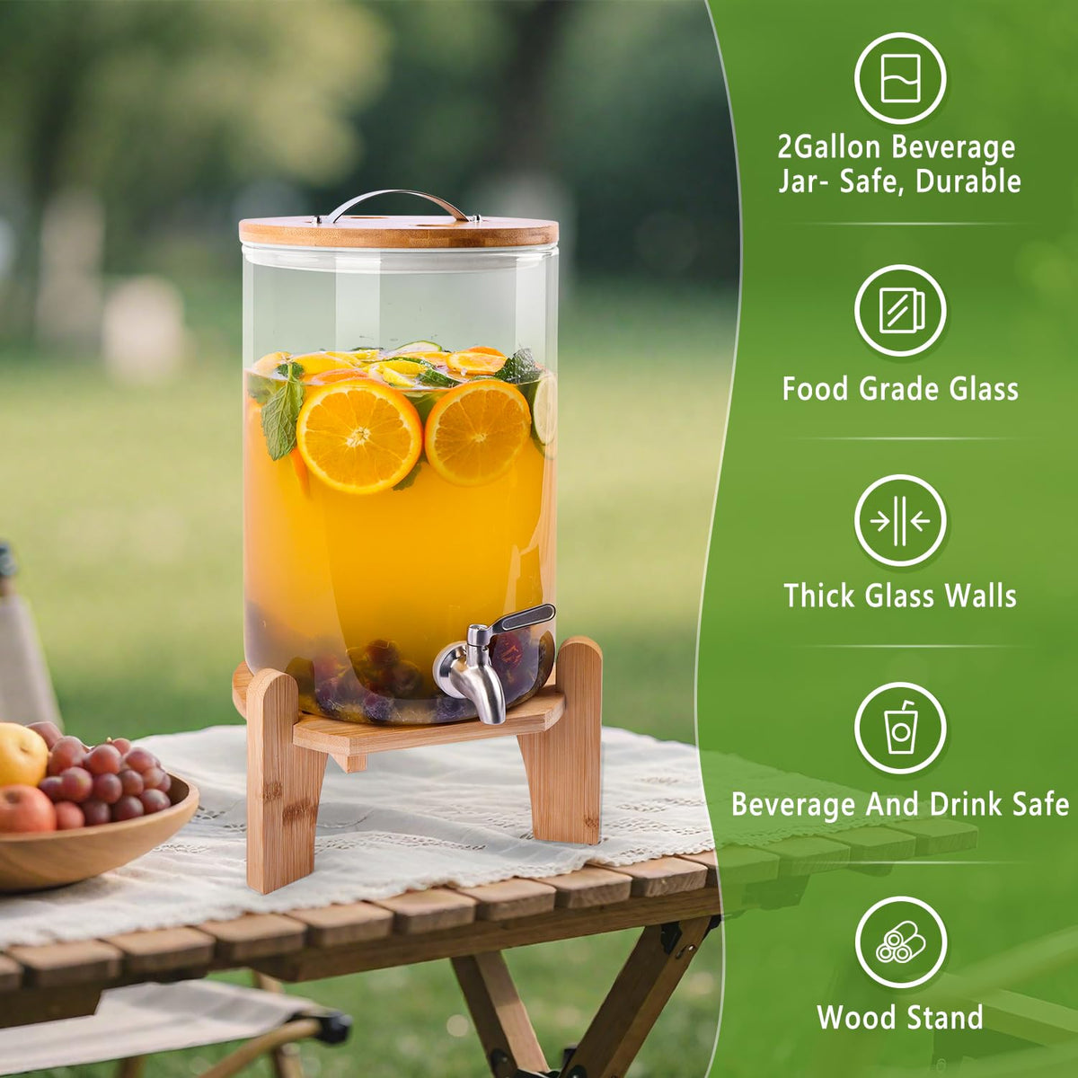 2 Gallon Glass Beverage Dispenser with Wood Stand and Stainless Steel Spigot V3523
