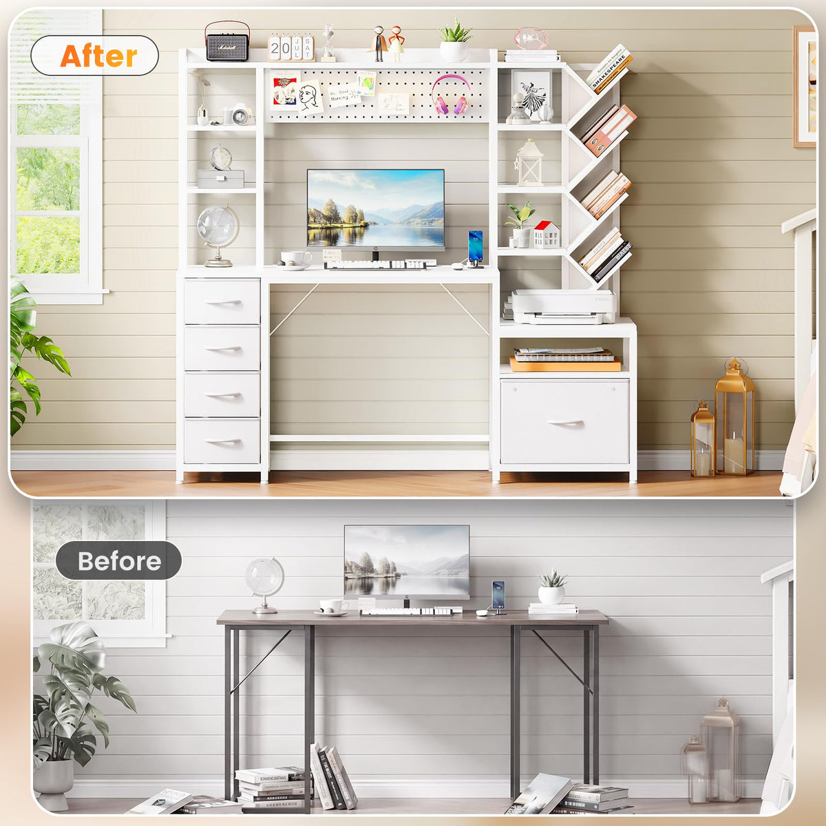 61.4" Computer Desk with Bookshelf, 5 Drawers, Hutch, Outlet, LED B1579