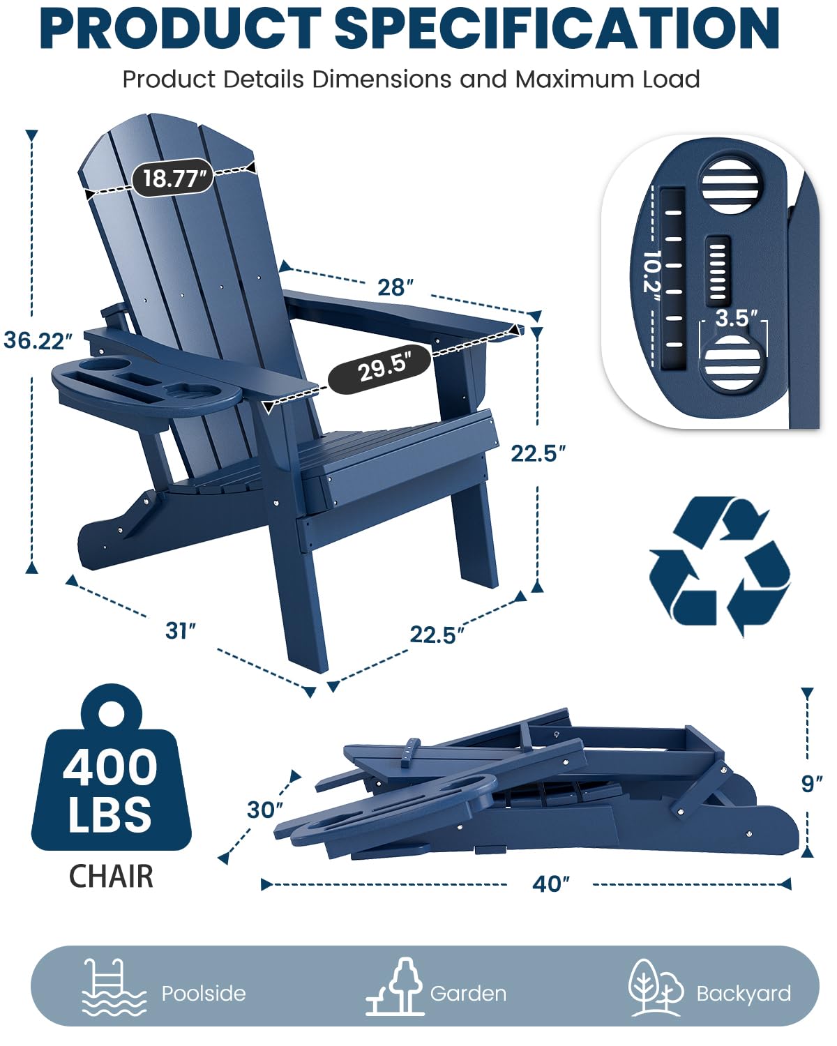 Folding Adirondack Chair Set of 8 with Cup Holder W7096