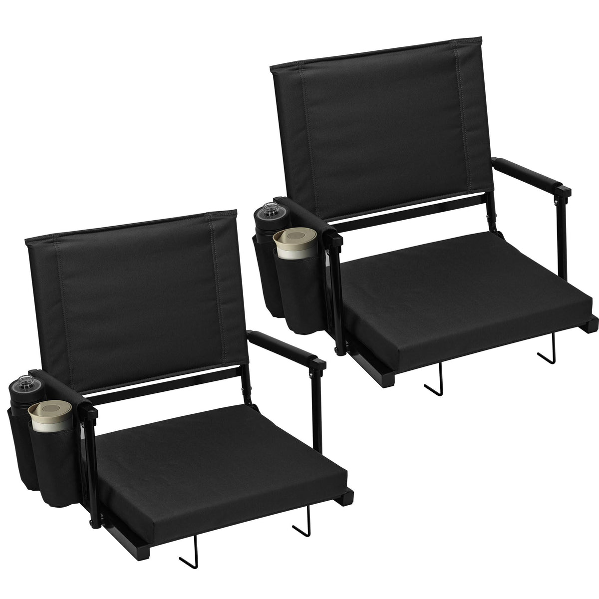 2 Packs Foldable Stadium Seats with Adjustable Backrest and Cup Holders Black F661796