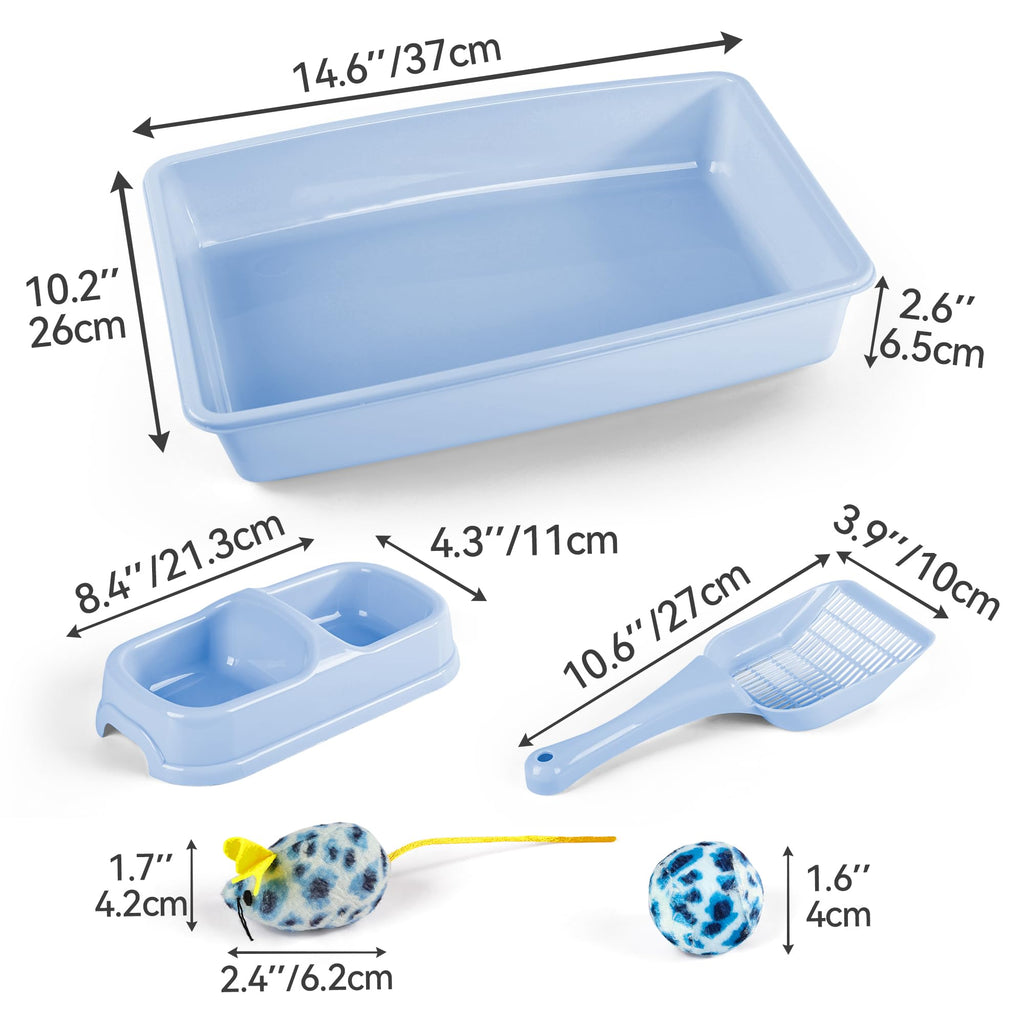 Cat Litter Box Set with Litter Scoop, Double Dish Cat Bowl, Mouse and Ball Toy L285