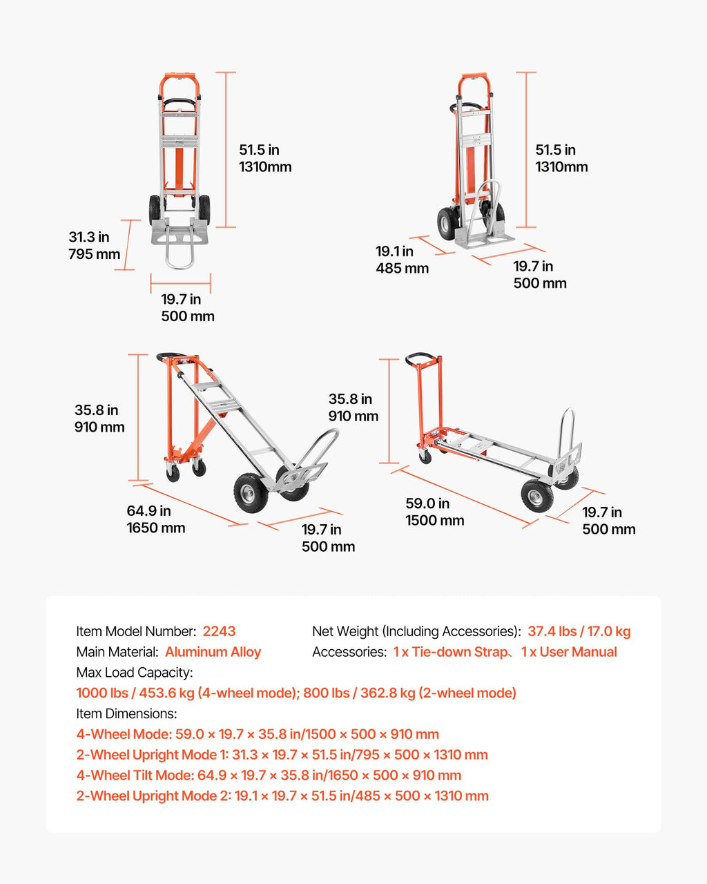 4 in 1 Hand Truck Dolly 1000 lbs Load Capacity R566