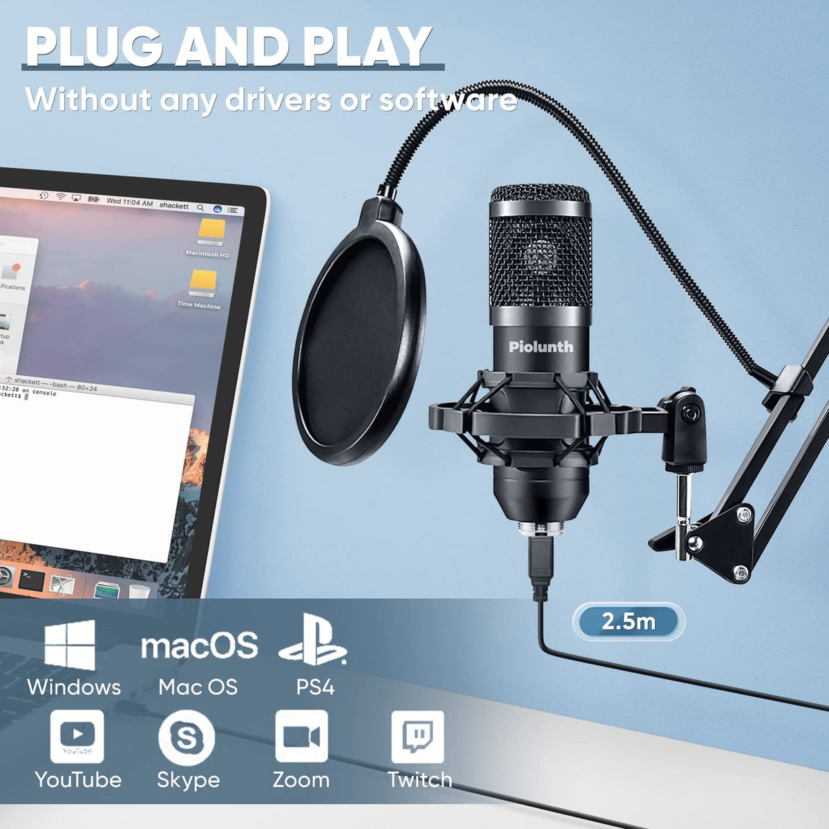 USB Microphone 192kHz/24bit Cardioid Condenser Studio Mic Kit with Boom Arm Y371