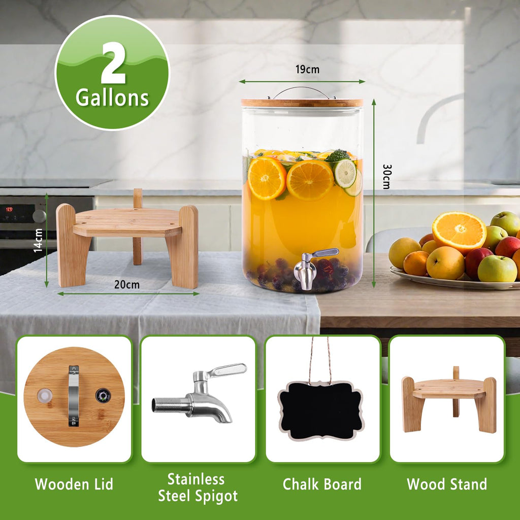 2 Gallon Glass Beverage Dispenser with Wood Stand and Stainless Steel Spigot V3523