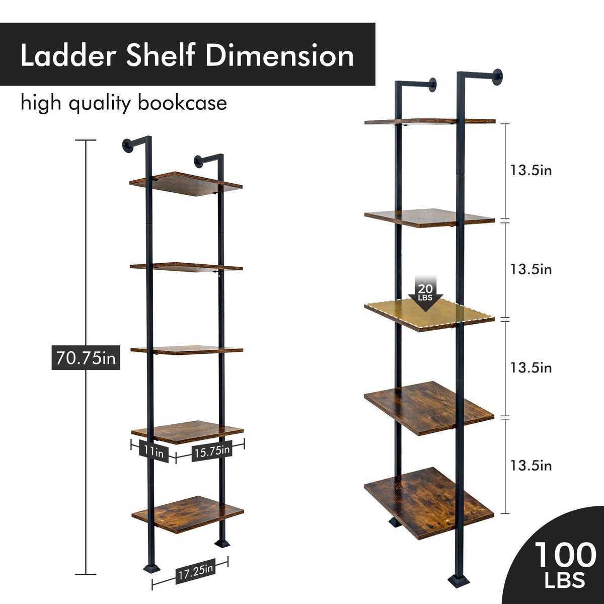 5-Tier Ladder Shelf Black Metal Frame Rustic Brown Q764450