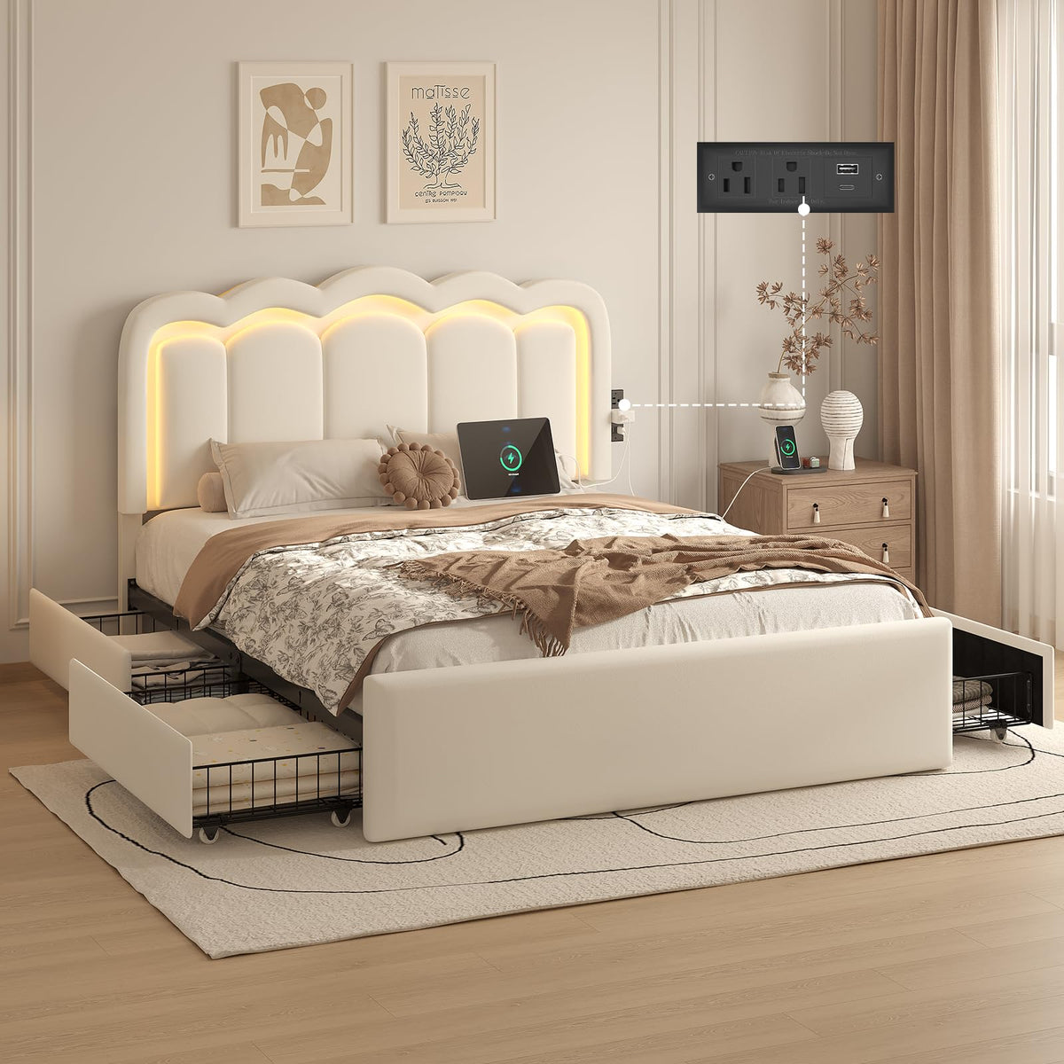 White Full Bed Frame with 4 Storage Drawers L827