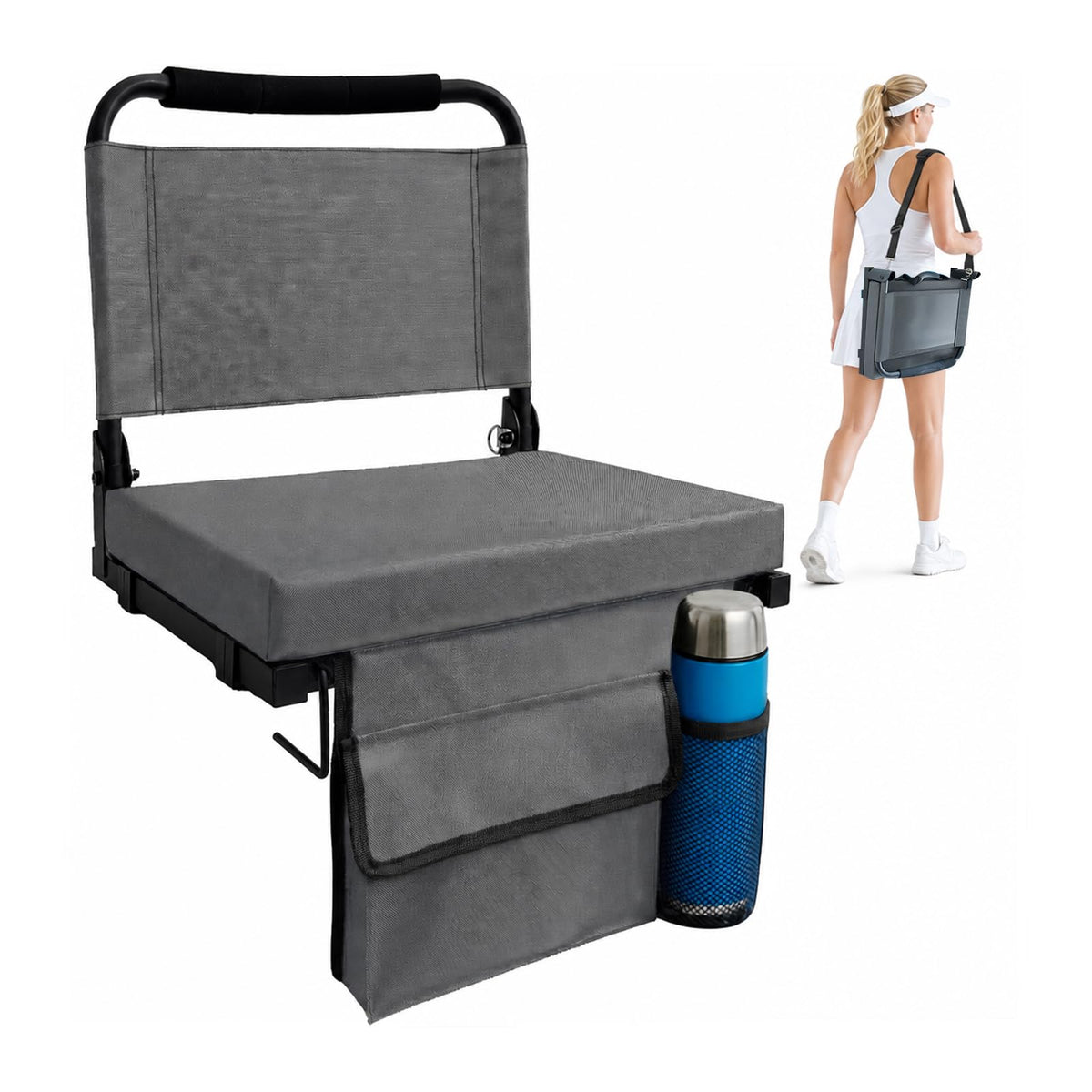 Folding Bleacher Seat with Back Support, Cushion and Shoulder Strap U998615