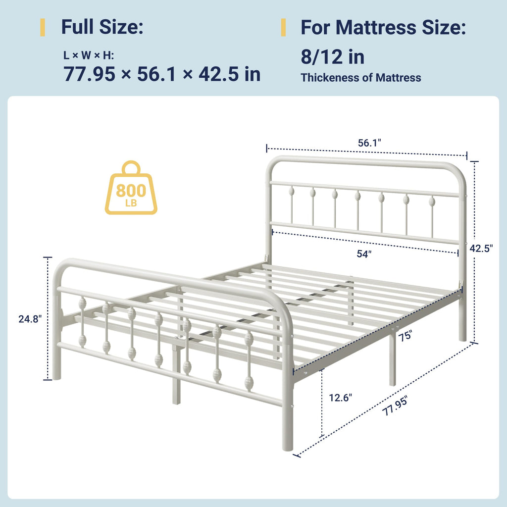14 Inches Full Size Off White Metal Platform Bed Frame A62057
