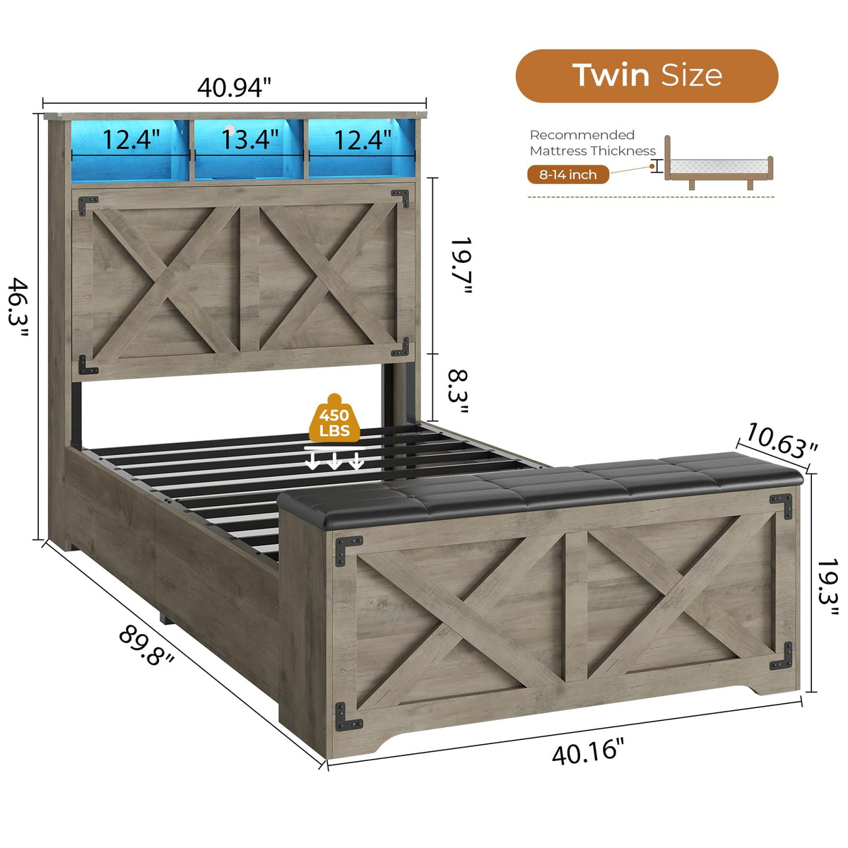 Oak Gray Wood Twin Size Bed Frame with Storage Headboard and Charging Station O421944