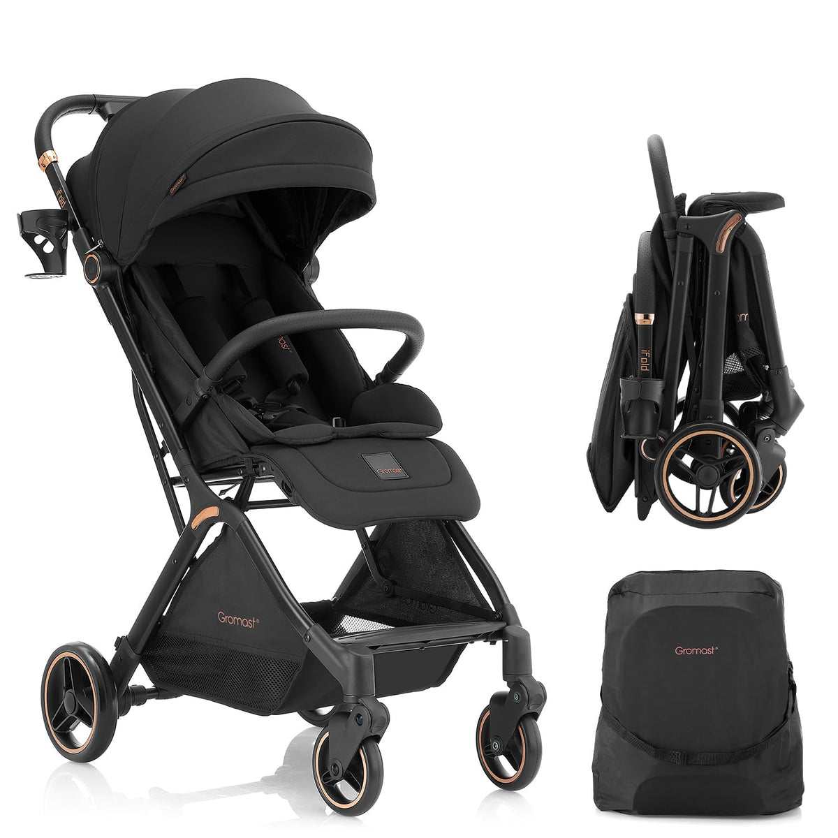 Gravity Folding Baby Stroller with Canopy & Cup Holder, Black C40556
