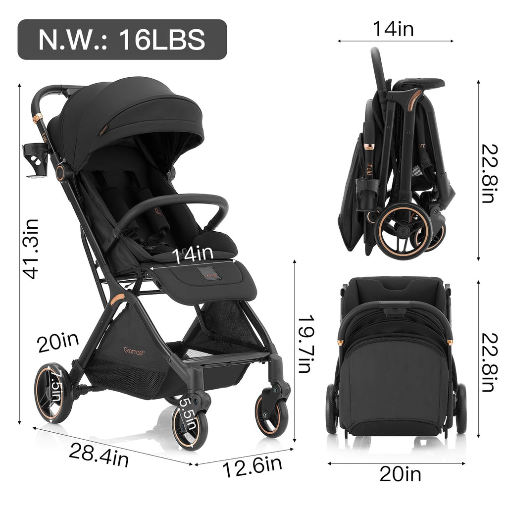 Gravity Folding Baby Stroller with Canopy & Cup Holder, Black C40556