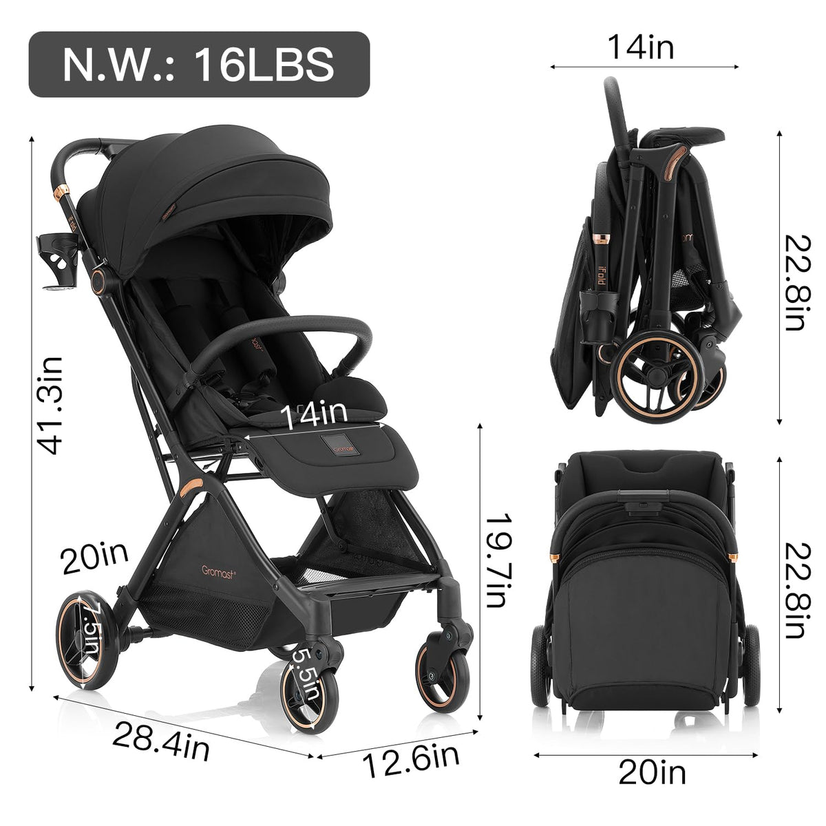 Gravity Folding Baby Stroller with Canopy & Cup Holder, Black C40556