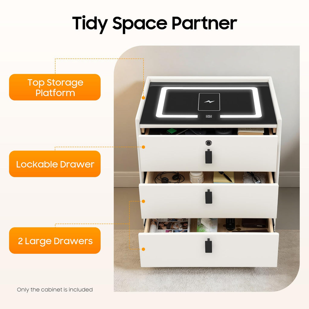 3 Drawer Smart Nightstand with Bluetooth Speaker USB Charging T5477