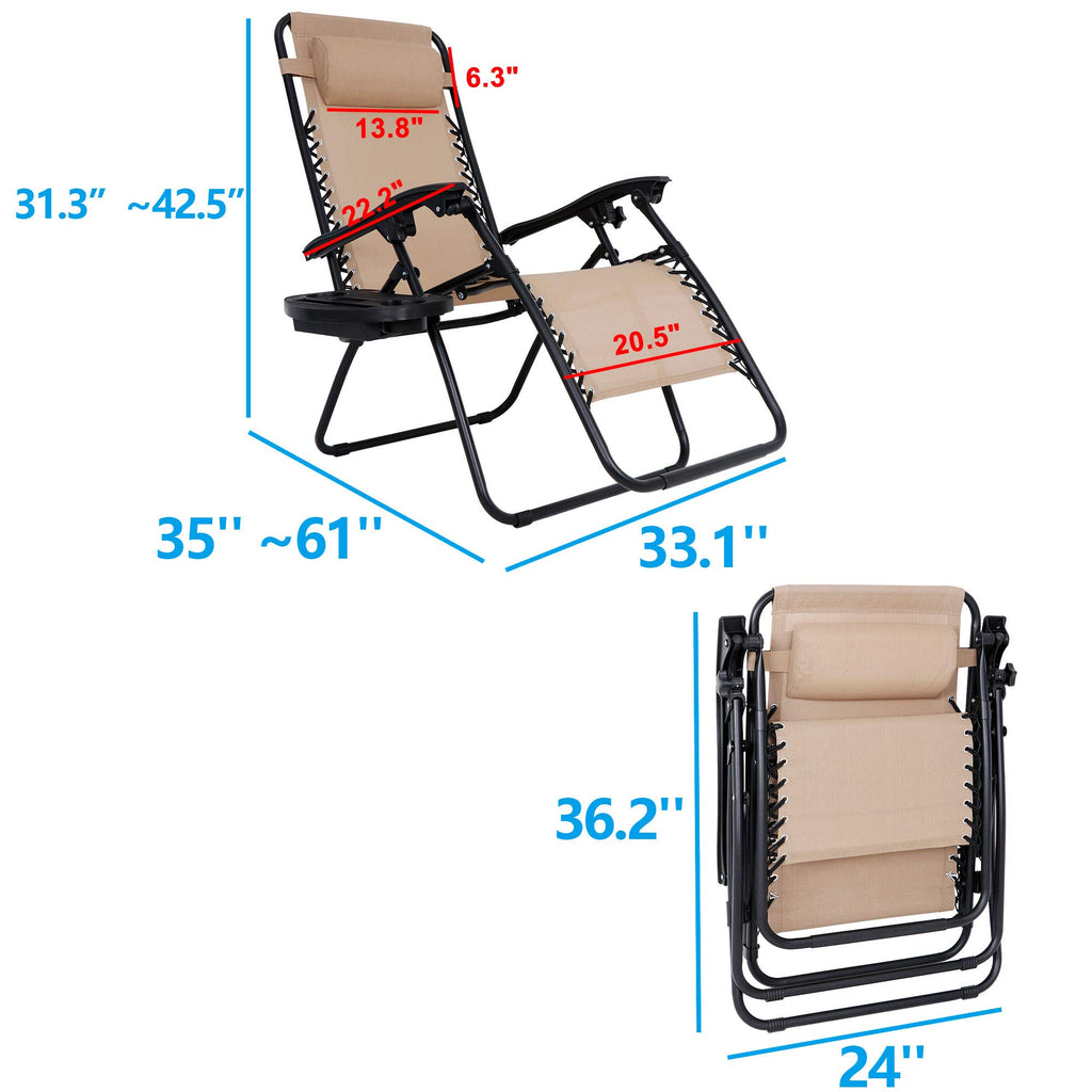Zero Gravity Chair Set of 2 Folding Recliner with Cup Holder Tray and Pillow T5551