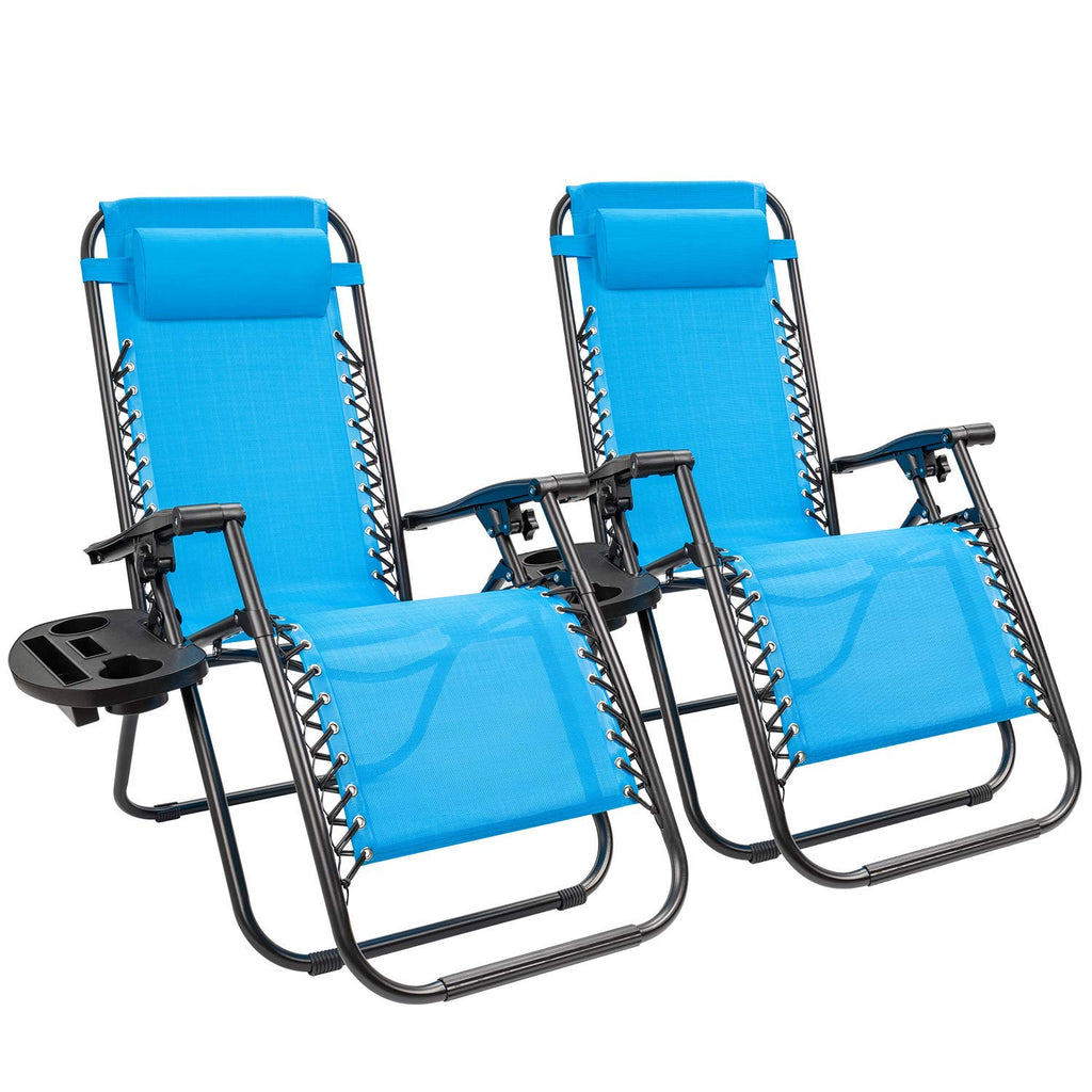 Blue Set of 2 Adjustable Folding Lounge Chair with Pillows and Cup Holders O3092
