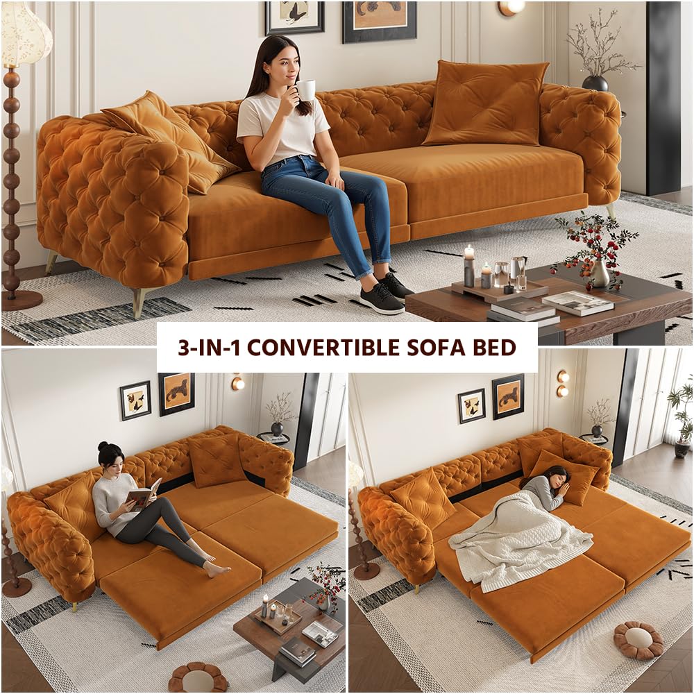 Orange Velvet 3 in 1 Convertible Sleeper Sofa J5754