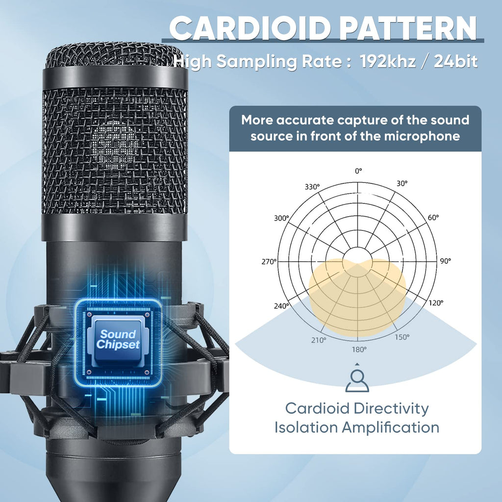 USB Microphone 192kHz/24bit Cardioid Condenser Studio Mic Kit with Boom Arm Y371