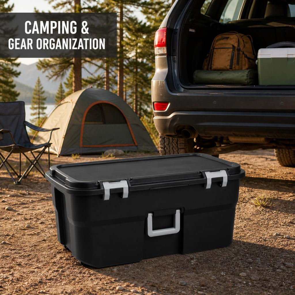 Rolling Storage Trunk with Wheels and Handle, 22 Gallon Black Bin T135