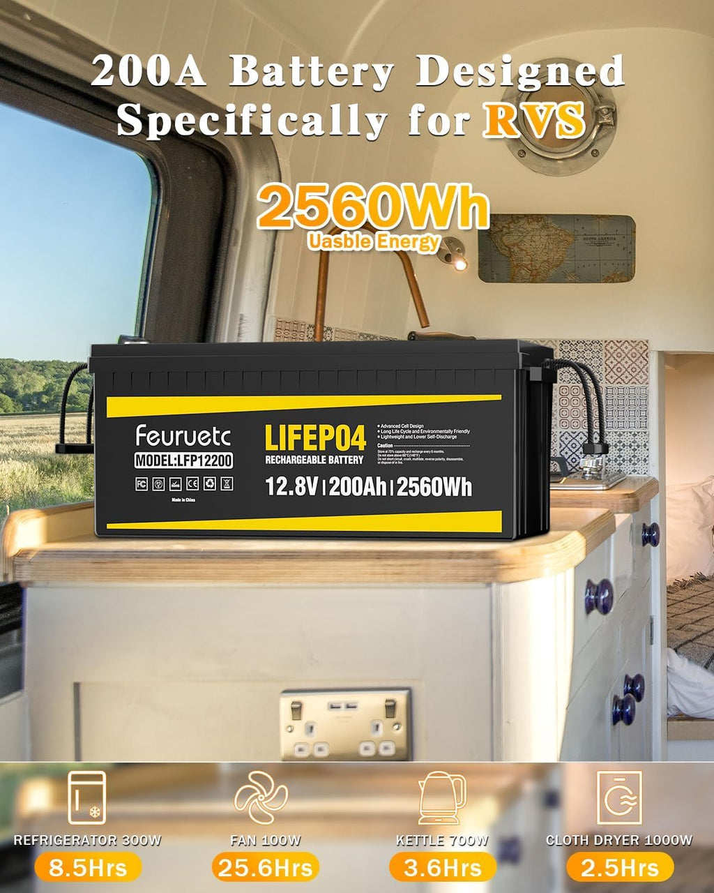 12V 200Ah LiFePO4 Deep Cycle Lithium Battery with 200A BMS A49099