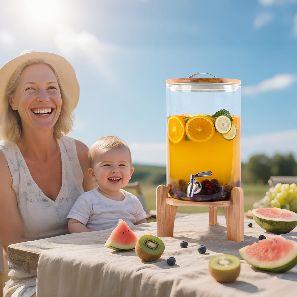 2 Gallon Glass Beverage Dispenser with Wood Stand and Stainless Steel Spigot V3523