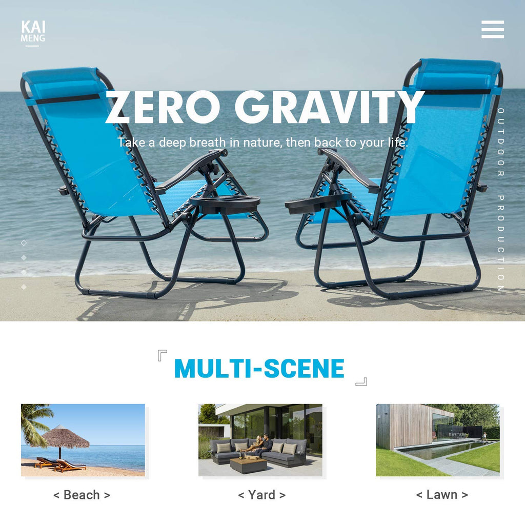 Blue Set of 2 Adjustable Folding Lounge Chair with Pillows and Cup Holders O3092