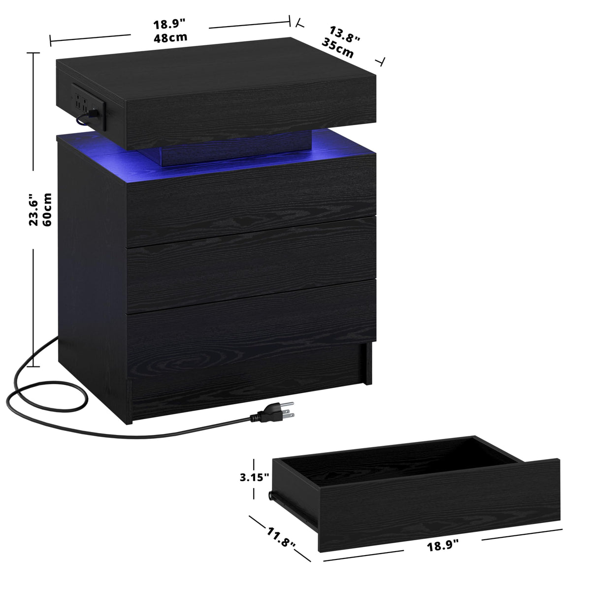 Black 3 Drawer Nightstand with Charging Station Z947