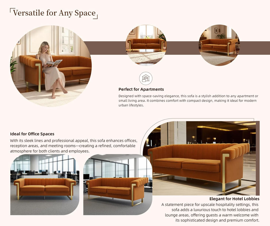 Orange Velvet 3-Seater Sofa with Armrest Y609