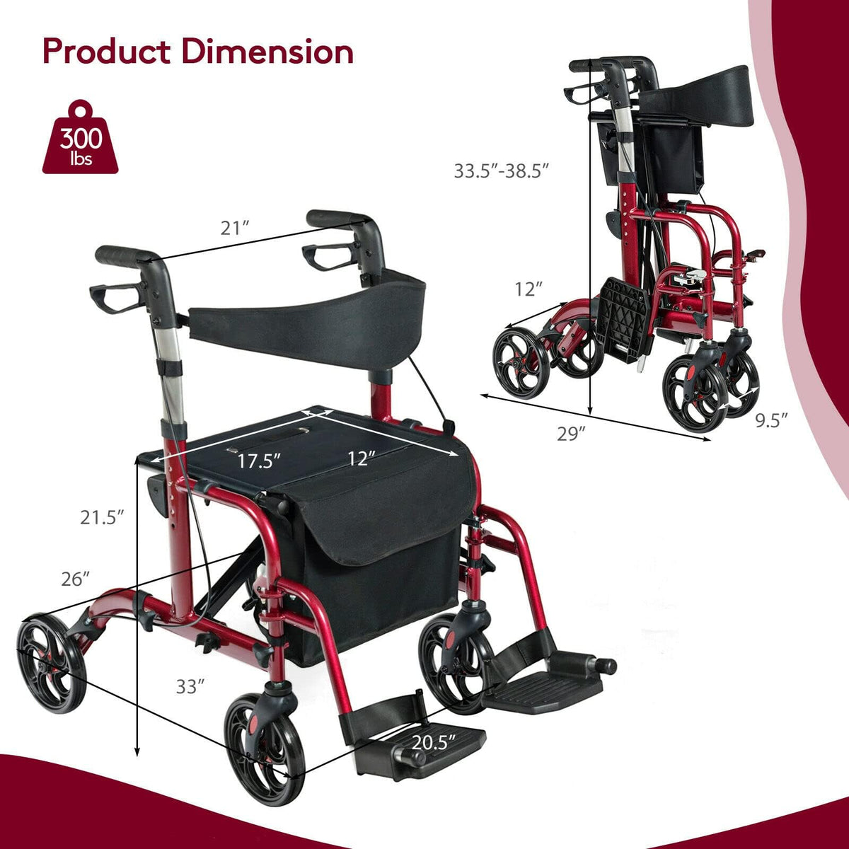2 in 1 Folding Rollator Walker with Seat S70332