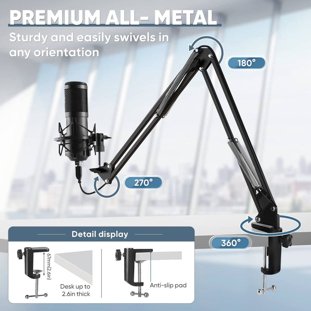 USB Microphone 192kHz/24bit Cardioid Condenser Studio Mic Kit with Boom Arm Y371