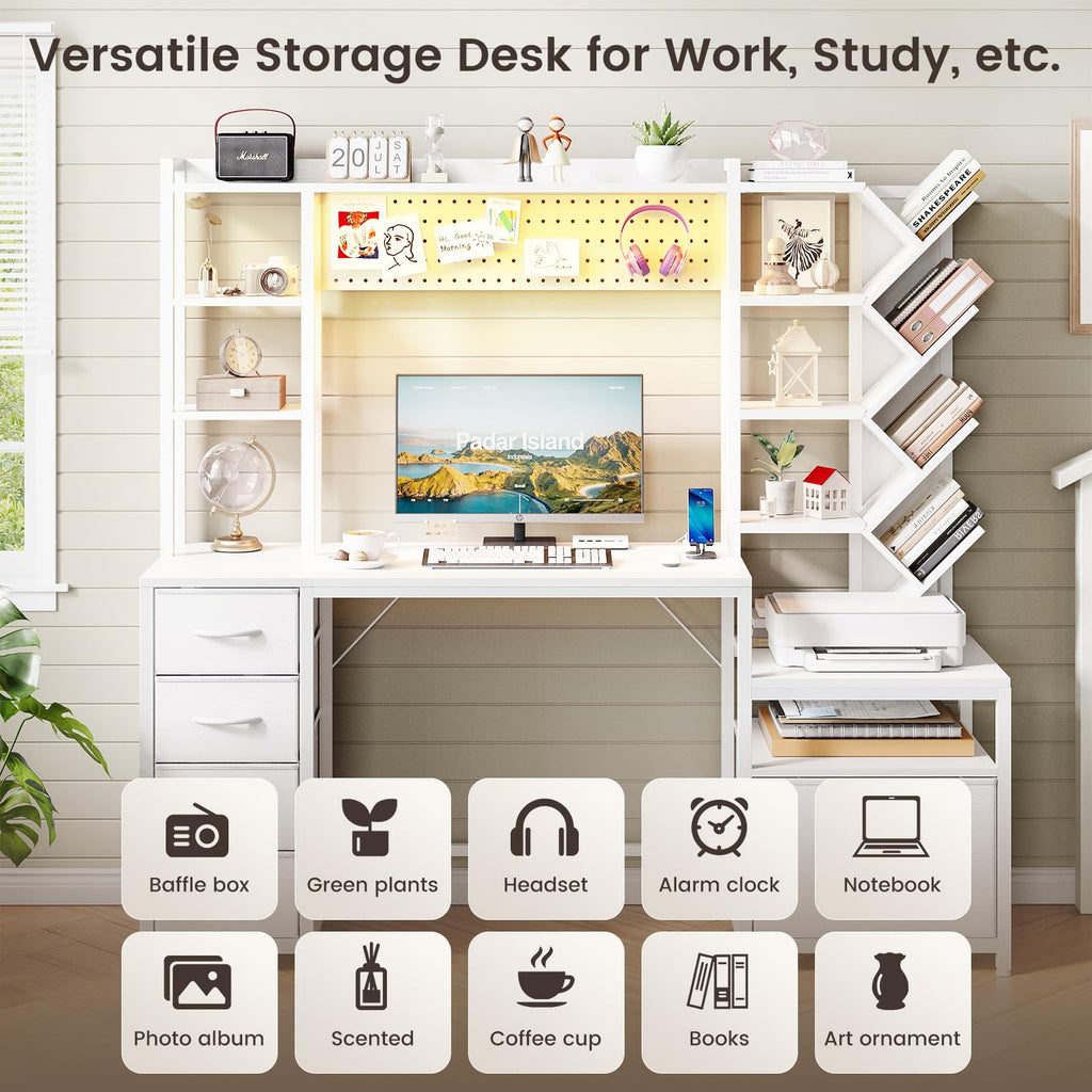 61.4" Computer Desk with Bookshelf, 5 Drawers, Hutch, Outlet, LED B1579