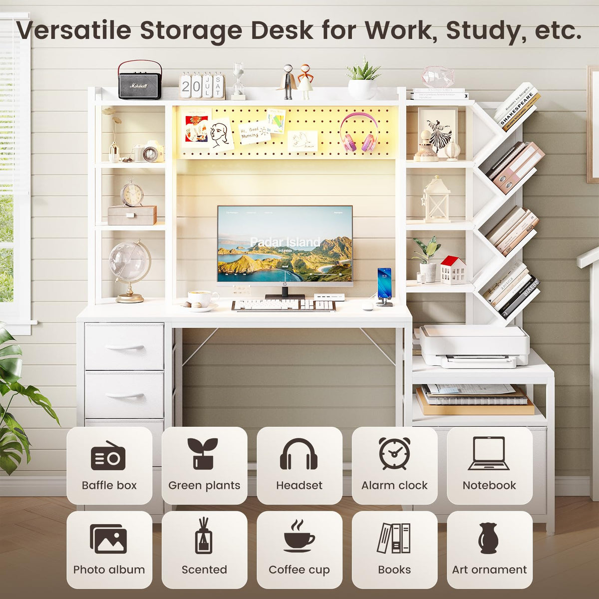61.4" Computer Desk with Bookshelf, 5 Drawers, Hutch, Outlet, LED B1579