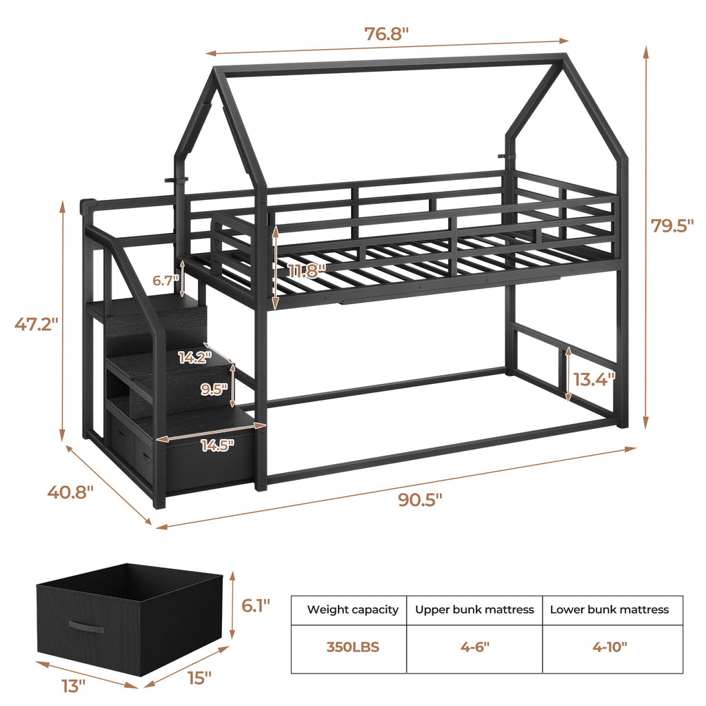 Black Twin Over Twin Metal Bunk Bed with Storage Staircase P6531