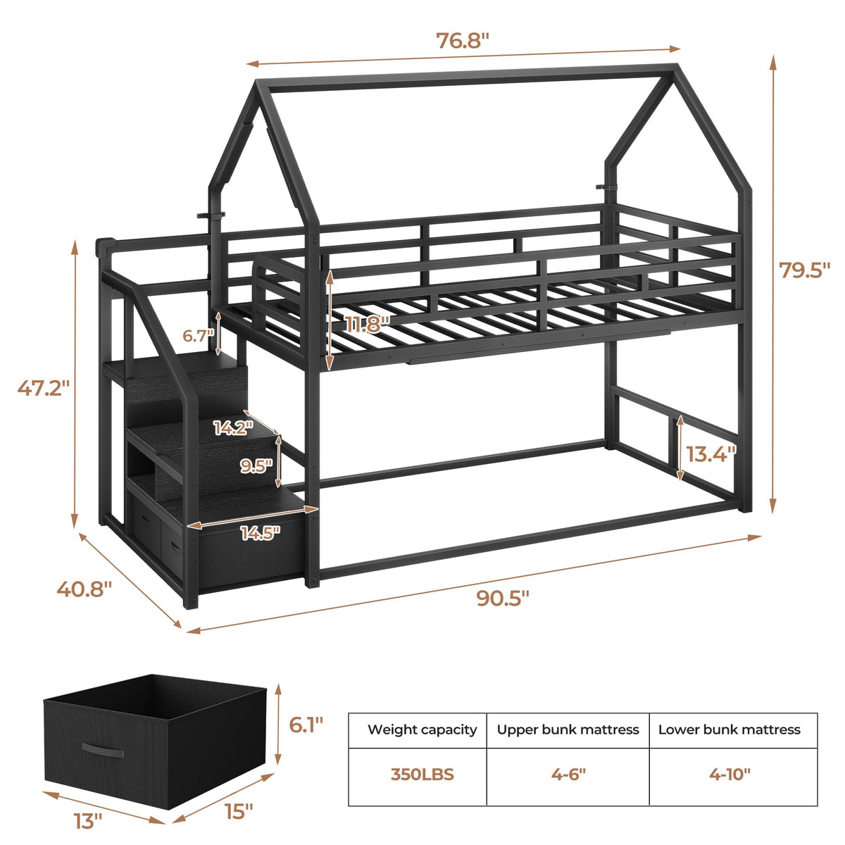 Black Twin Over Twin Metal Bunk Bed with Storage Staircase P6531