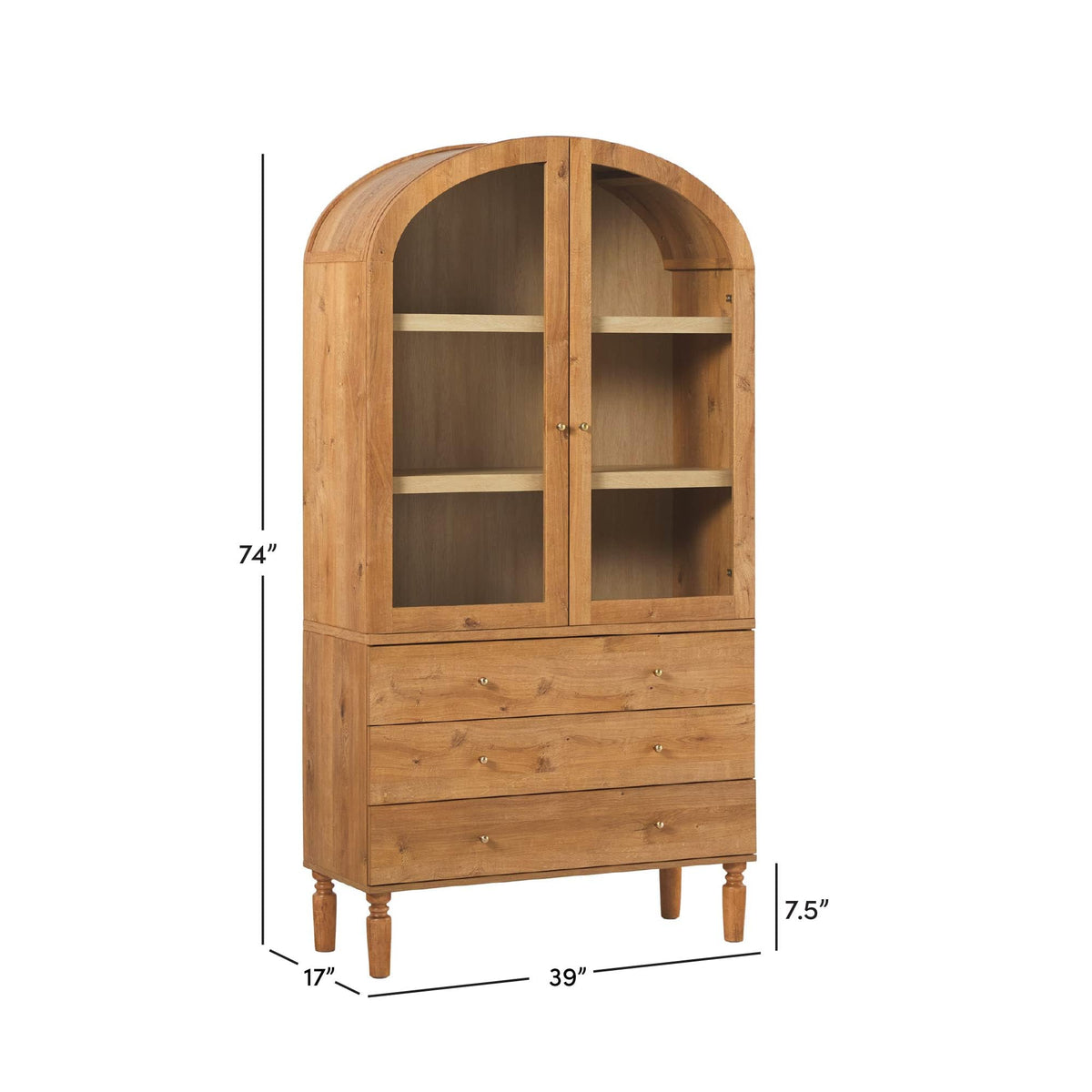 74 Inch English Oak Bookshelf Cabinet with Glass Doors O268122